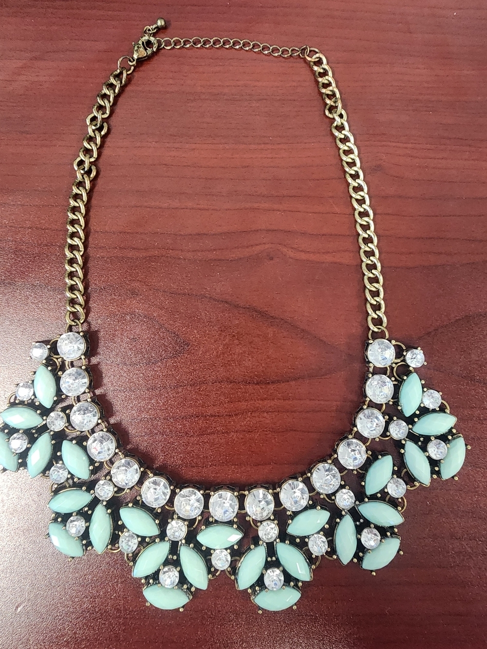 Anthropologie Gold-Tone Bib Necklace with Mint Green and Clear Stones
